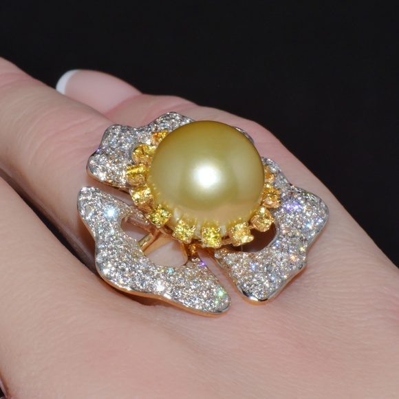 CERTIFIED NATURAL 26CTS VS F DIAMOND 15MM SOUTH SEA PEARL SAPPHIRE 18K GOLD RING - Picture 4 of 14